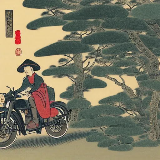 Prompt: painting of a man wearing a cowboy hat riding a royal enfield classic 3 5 0 halcyon in feudal japan inside a forest with very detailed trees, panoramic view, ukiyo - e traditional japanese painting style