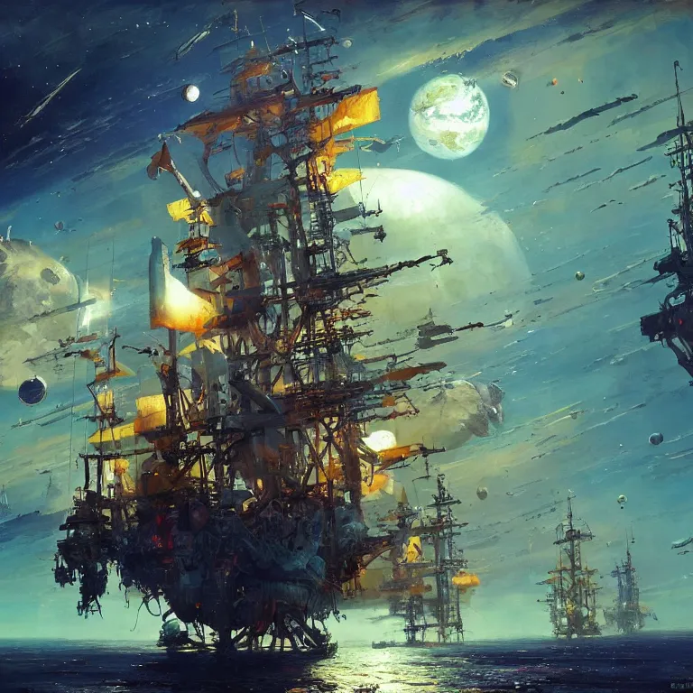 Image similar to pirate ship in space, sci-fi concept art, by * Simon Stålenhag, by John Berkey, highly detailed