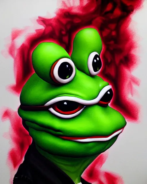 Prompt: black red ink smoke portrait of pepe the frog, artgerm, wlop, artstation