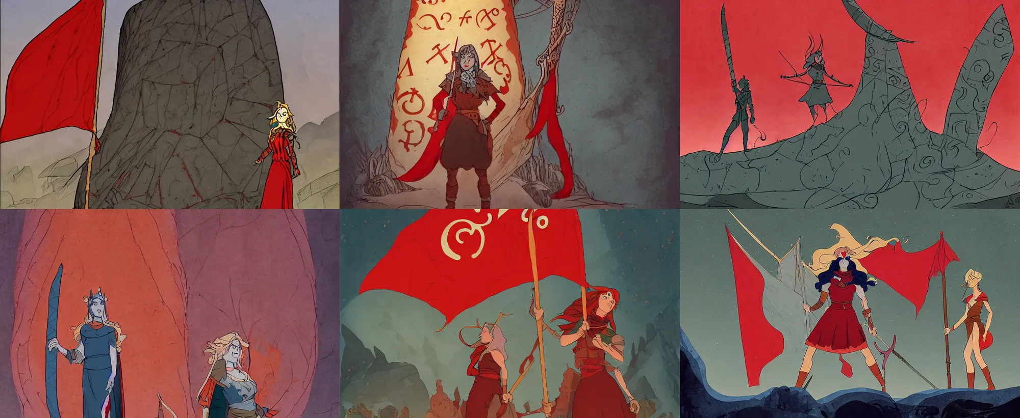 Prompt: Alette from Banner Saga standing in front of giant a rune stone, holding an extremely long red banner, nordic, epic, melancholic, perfect face, concept art, illustration, cover art, art by Eyvind Earle and Ralph Bakshi and Don Bluth