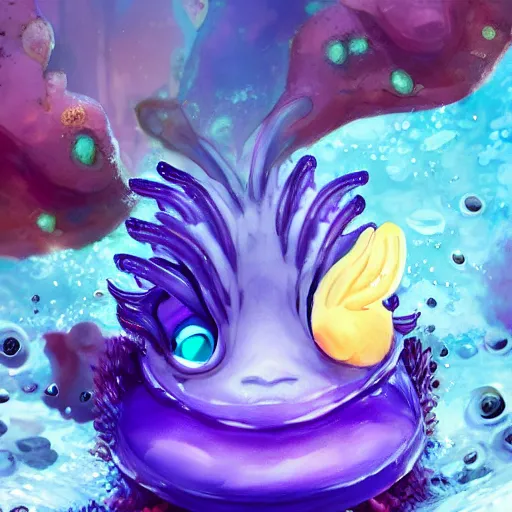 Prompt: close-up of a sea slug looking like fantasy characters with cute faces live in its habitat, trending on artstation