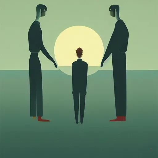 Image similar to a couple of people that are standing in the dark by emiliano ponzi, james gilleard, george ault, david hockney, atey ghailan, albert namatjira, marius borgeaud, minimalist, bauhaus, retrofuturism, postminimalism, concept art, matte background, matte drawing, magical realism, space art, generative art