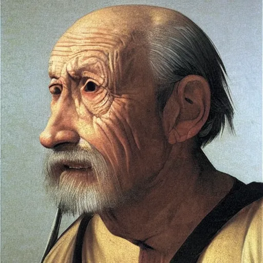 Image similar to hyper realistic portrait of a old man of the 16th century , drammatic Light , Art by Caravaggio