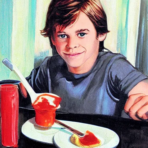 Image similar to portrait young luke skywalker sitting at a denny's restaurant eating a steak covered in ketchup