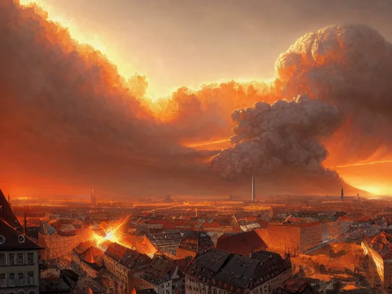 Image similar to , city of munich!!!, nuclear explosion!!!, rubble, hyperrealistic, highly detailed, cinematic, single ray of golden sunlight, beautiful, cgssociety, artstation, 8 k, oil painting by greg rutkowski, by artgerm, by wlop