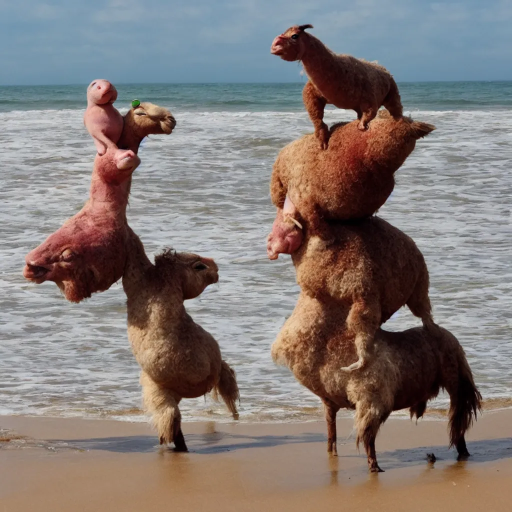 Prompt: a blobfish riding a llama on the beach