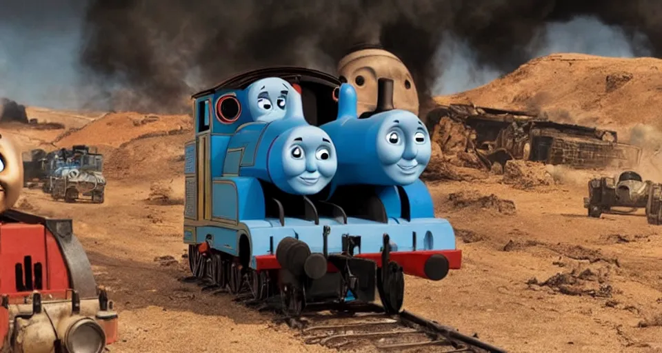 Prompt: Thomas the Tank Engine in the fiery wasteland of MAD MAX: FURY ROAD