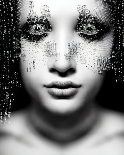 Prompt: black and white dreamy spiritual female water - cyborg high quality portrait photo, microchip leaves, artificial intelligence, cinematic, rim light, photo - realistic, elegant, high detail, 8 k, masterpiece, high fashion, in the style of man ray