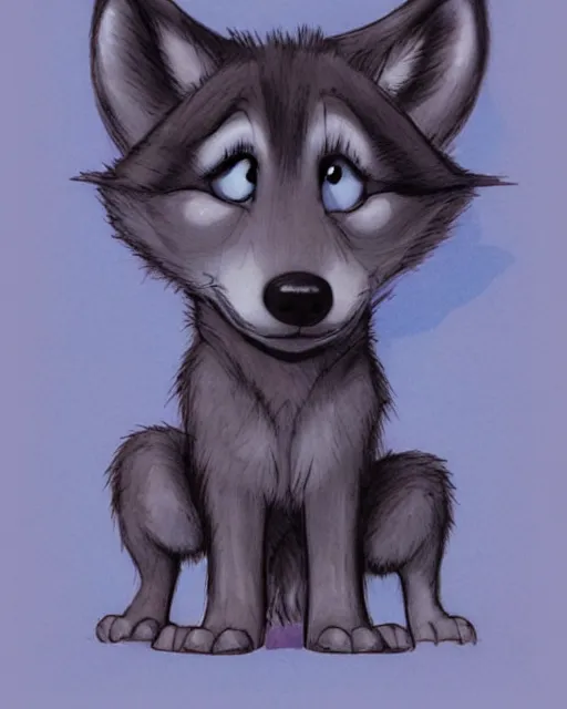 Prompt: a cute wolf pup with big eyes, illustration by glen keane