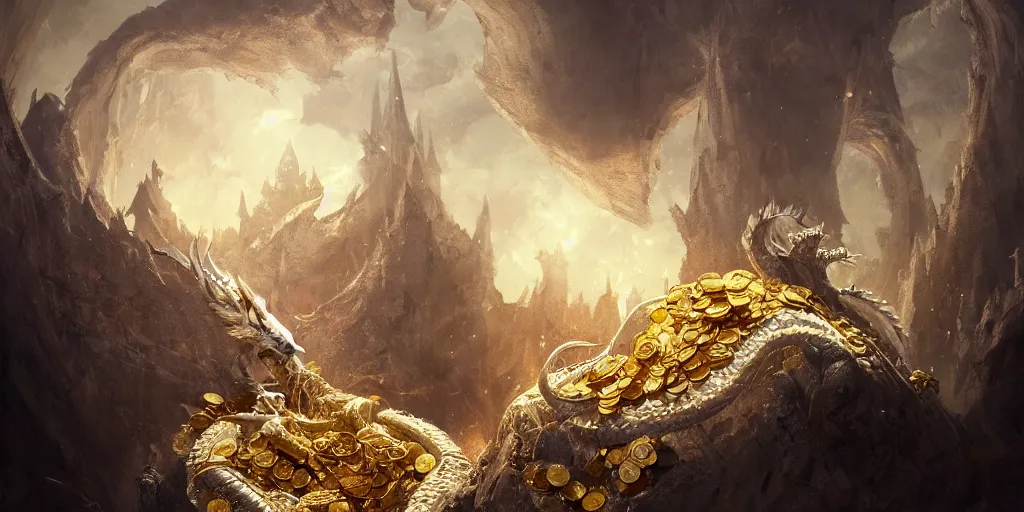 Prompt: concept art of a white scaled dragon laying on a mountain of golden coins and precious jewels inside a dark castle, medieval, dark concept art, jewels, gold, painting by wlop, nixeu and greg rutkowski, beautiful, semirealism, artstation, octane render, sharpness, 8 k, golden ratio