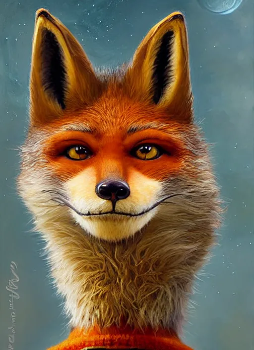 Image similar to highly detailed portrait of fantastic mr fox, by stephen bliss, unreal engine 5, fantasy art by greg rutkowski and loish rhads ferdinand.