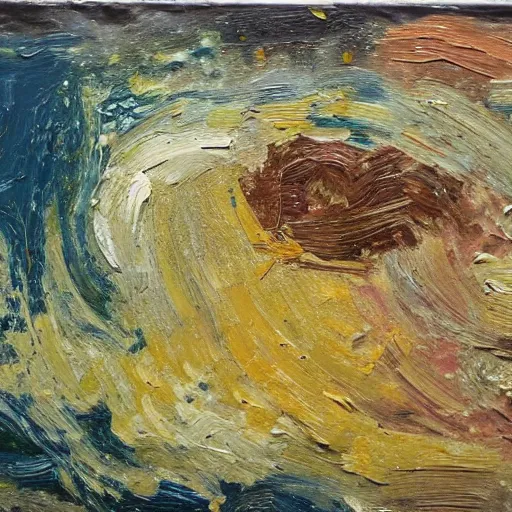 Prompt: oil paint impasto relief, very rough sea, multi layered thick brush marks, some splattered paint, in the style of ivan shishkin and frank auerbach and van gogh