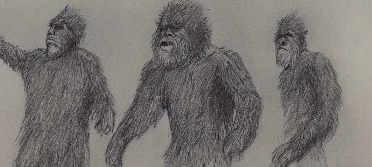 Prompt: Courtroom sketch of Big Foot testifying against a hunter