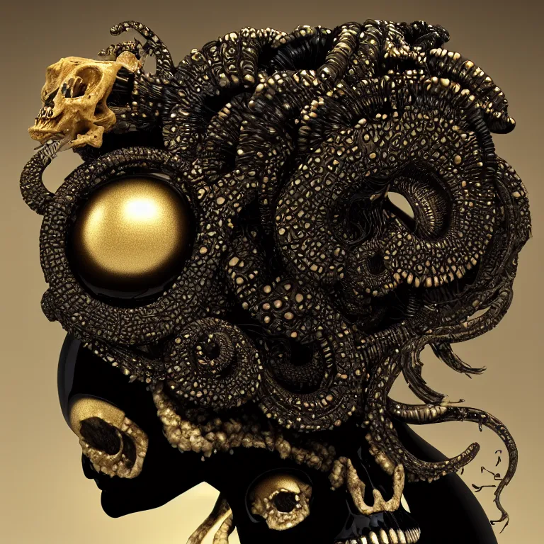 Image similar to black background. goddess princess face close-up portrait ram skull. sculpture made of gold and black charcoal. jellyfish phoenix head, nautilus, orchid, skull, betta fish, bioluminiscent creatures, intricate artwork by Tooth Wu and wlop and beeple. octane render, trending on artstation, greg rutkowski very coherent symmetrical artwork. cinematic, hyper realism, high detail, octane render, 8k