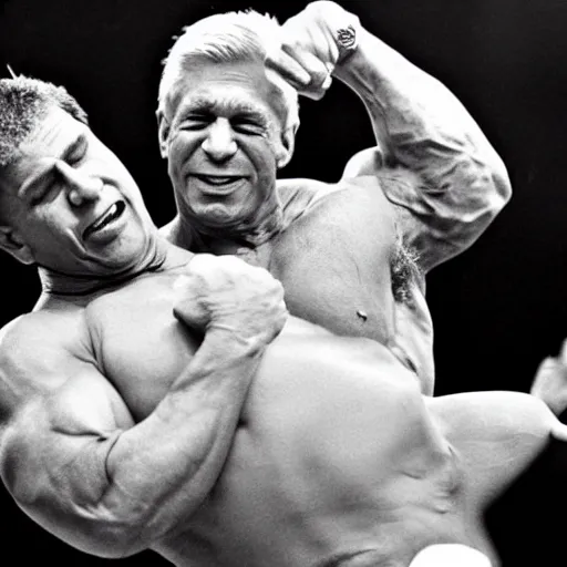 Image similar to an extremely buff Donald Trump wrestling a weak Anthony Fauci