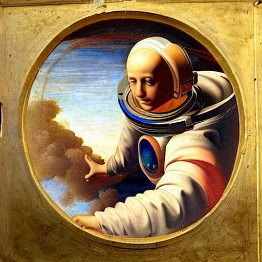 Image similar to beautiful renaissance painting of an astronaut floating in space