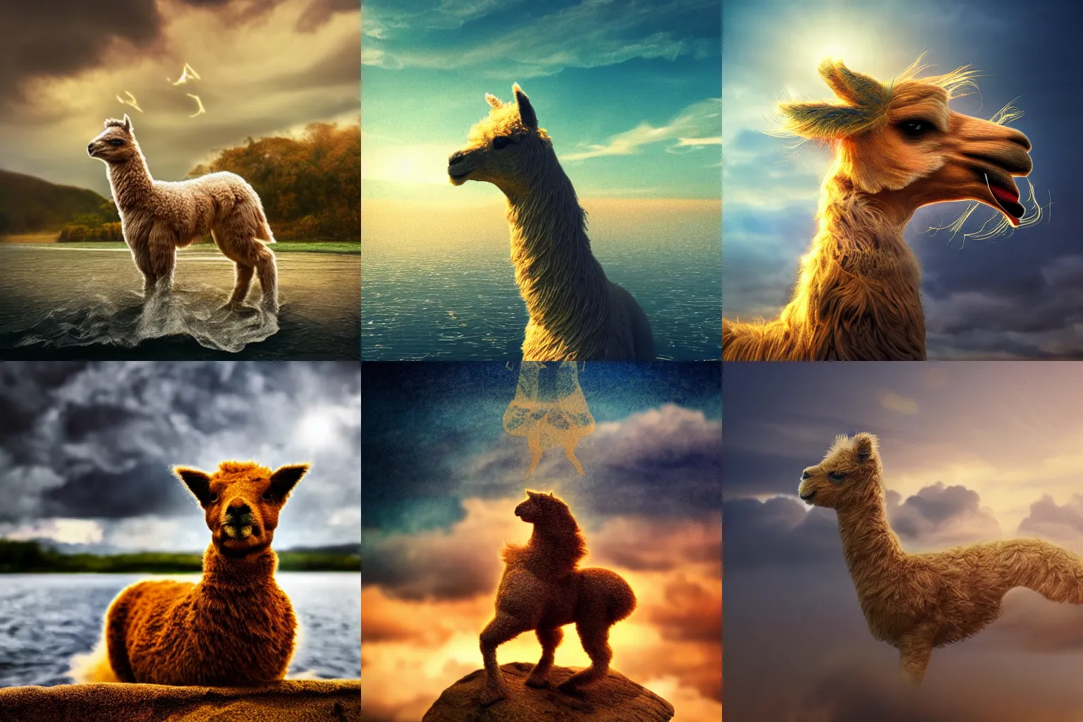 Prompt: mystic flying golden furred alpaca god seen paddling with hoofs through the clouds listening to sky music, fluffy fluffy fur, magic anatomy, surprisingly coherent and realistic, octane, 4 k, dreamy blurred lens, analog filter, bokeh