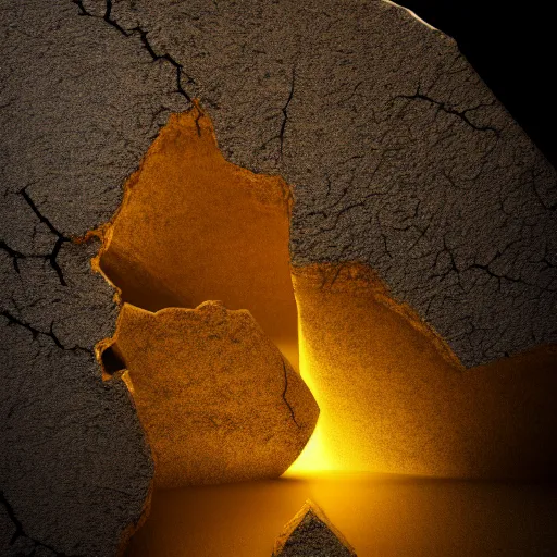 Image similar to photograph of a cracked stone with warm yellow light streaming out of the crack, fantasy, magical, mysterious, cinematic lighting, enhanced, rim lighting, studio photo, hd, 8k