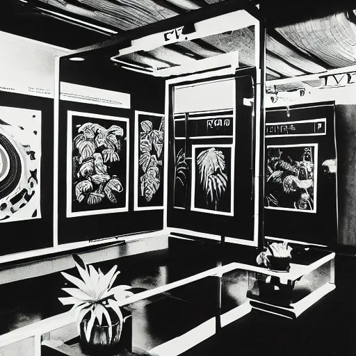 Image similar to A black and white photography of an exhibition space with works of Sun Ra, Marcel Duchamp and tropical plants, 60s, offset lithography print, newspaper, distant shot