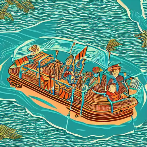 Prompt: aerial view of the jungle cruise riverboat in a river in adventureland disneyland, poster art, concept art, colorful, 2 d, flat style, nautical navigation map, minimalist modern art photo illustration ink drawing woodcut retro