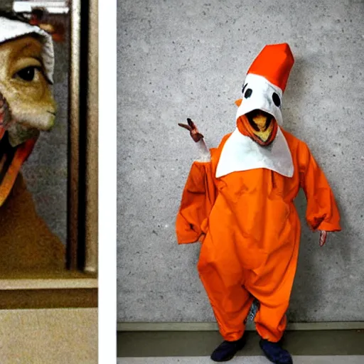 Image similar to chicken dressed as an inmate, real photography, police statiom