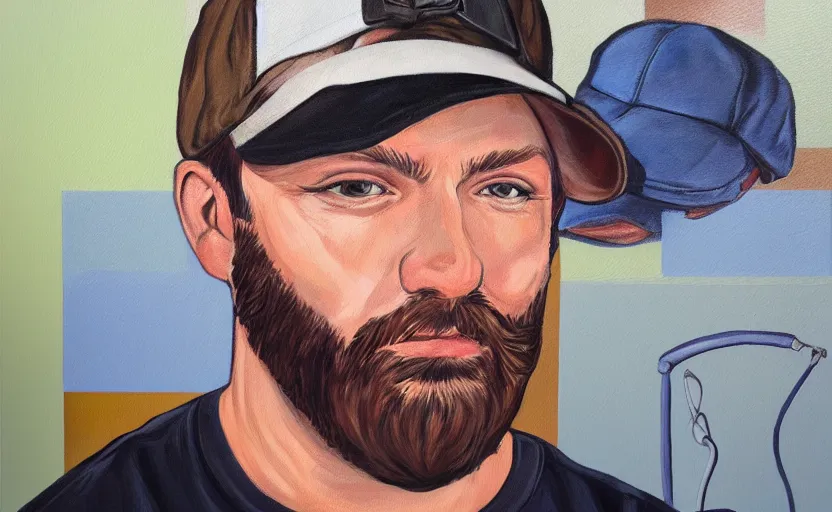 Prompt: painting of middle aged man with brown hair, white dad cap, beard in the style of martine johanna