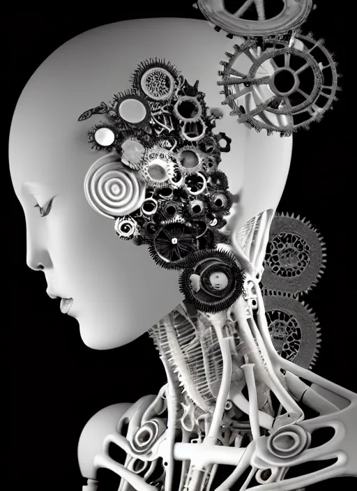 Image similar to black and white dreamy foggy profile face portrait, one steampunk eye biomechanical beautiful young female cyclope - cyborg - robot bust, body ribs meshes,, volumetric light, hibiscus flowers, by hg giger, rim light, by dora maar and cecile beaton, big gothic fashion pearl embroidered collar, 8 k