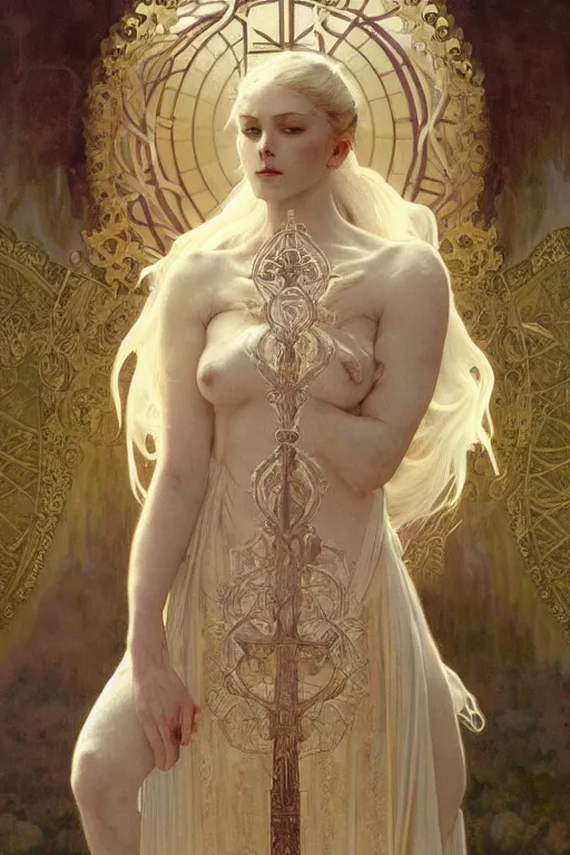 Image similar to a full body portrait of a beautiful ethereal delicate icelandic mage queen meditative sacral pose catholic stages of the cross, intricate, elegant, highly detailed, digital painting, artstation, concept art, smooth, sharp focus, illustration, art by krenz cushart and artem demura and alphonse mucha