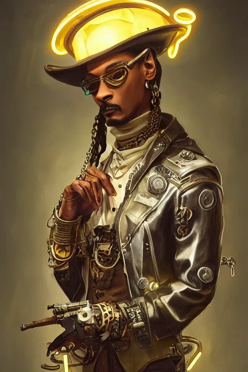 Image similar to 2 0 year old snoop dog as a steampunk cyborg gunslinger, portrait, cyber western, neon, duster, fantasy, intricate, elegant, highly detailed, digital painting, artstation, concept art, sharp focus, illustration, art by artgerm and greg rutkowski and alphonse mucha