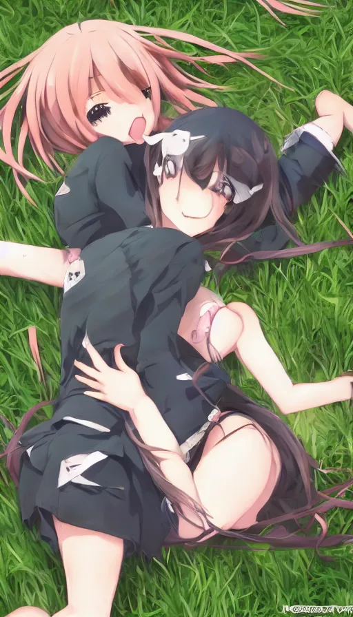 Prompt: two cute anime characters lying in a grass bed huggig, realistic face, detailed face, detailed eyes, short miniskirt, lightly dressed, bikini, ultra detailed digital art, hyper real, detailed, ultra detailed, ground up angle, full body shot, wide angle, renaissance painting