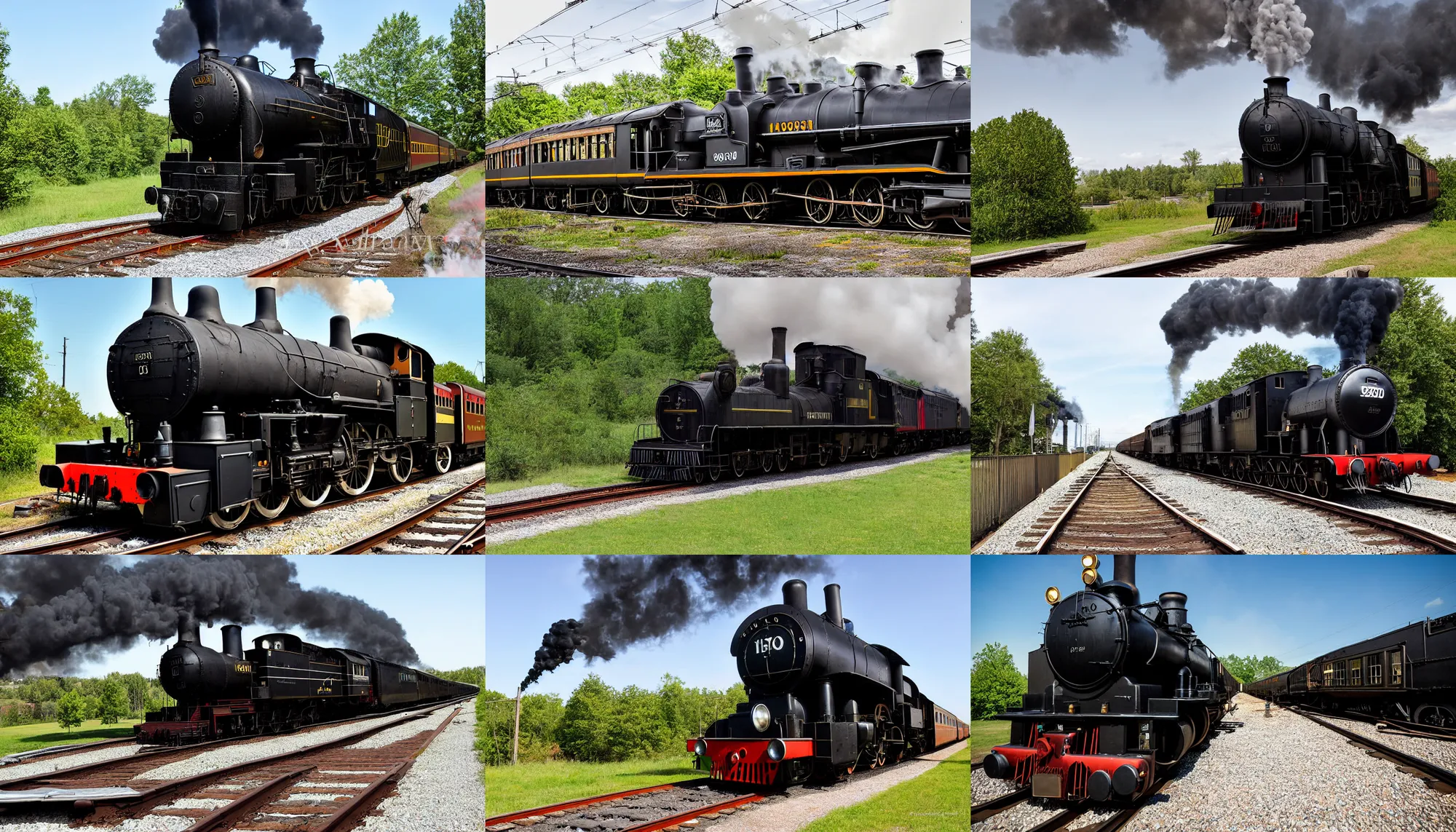 Prompt: restored black steam locomotive travelling on train tracks from left to right, photograph