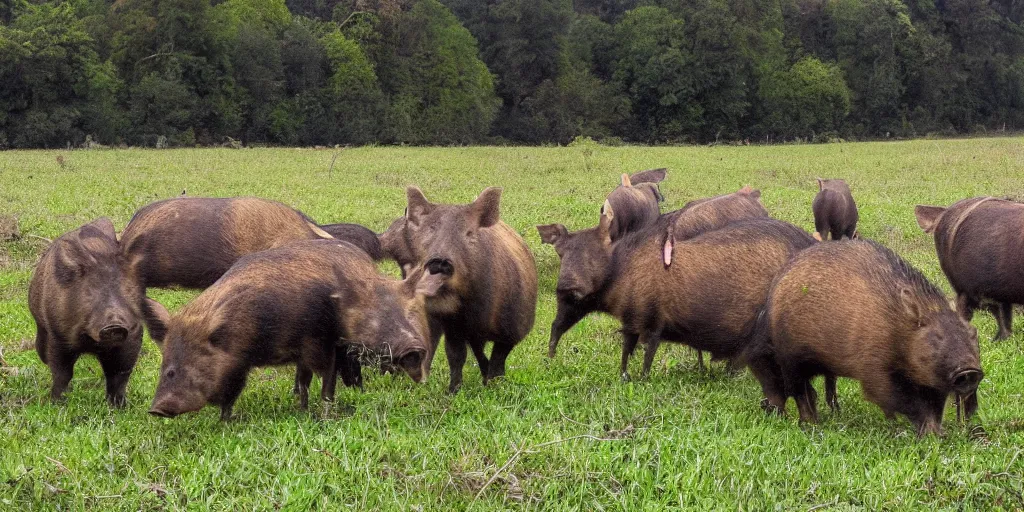 Image similar to a trap camera photo of a big group of wild boars in a field, real, photography