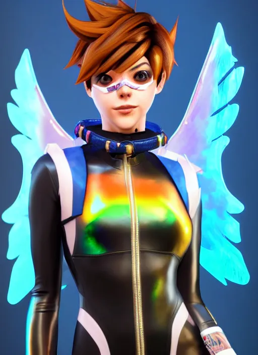 Prompt: portrait bust digital artwork of tracer overwatch, wearing iridescent rainbow latex and leather straps catsuit outfit, 4 k, expressive happy whistling face, makeup, in style of mark arian, angel wings, wearing detailed leather collar, chains, black leather harness, detailed face and eyes,