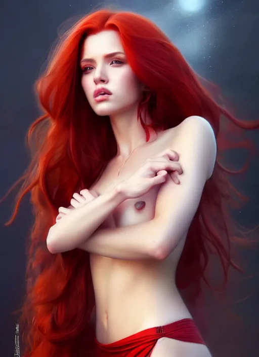 Image similar to a gorgeous female with long red hair in the style of stefan kostic, realistic, full body shot, wide angle, sharp focus, 8 k high definition, insanely detailed, intricate, elegant, art by stanley lau and artgerm, floating embers