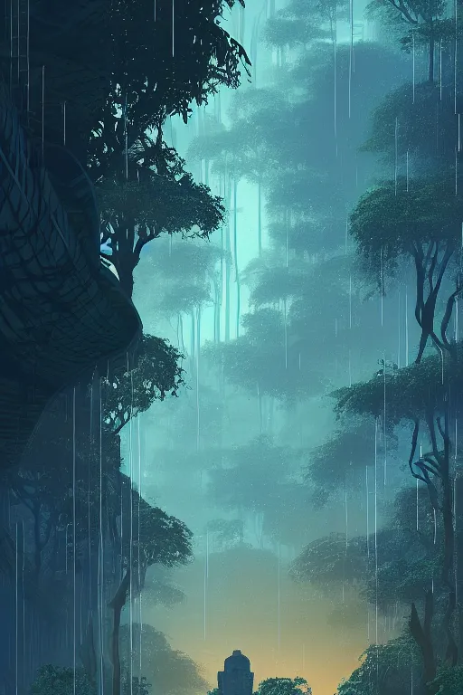 Image similar to emissary city in a jungle with a soft blue hue uder glow to the leaves, rain falling, vines, by arthur haas by james gilleard and laurie greasley, textured, cinematic matte painting, zaha hadid building, photo realism, dark moody color palate, blue hour stars, desolate glacial landscape,