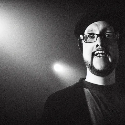 Image similar to Doug Walker Nostalgia Critic is god in heaven, dramatic lighting, photograph, bright f2.8 50mm