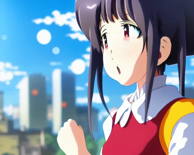 Image similar to anime fine details portrait of joyful school girl and big robot, city landscape on the background deep bokeh, profile close-up view, anime masterpiece by Studio Ghibli. 8k, sharp high quality anime