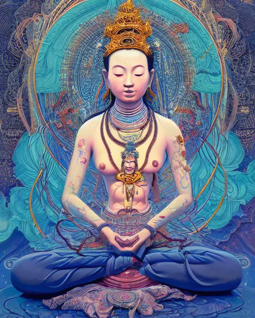 Prompt: contented female bodhisattva, praying meditating, highly detailed vfx portrait, intricate detailed environment, global illumination, by james jean and moebius and artgerm and liam brazier and victo ngai and tristan eaton, digital illustration, concept art, 8 k, hdr