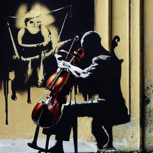 Image similar to cello violin concert art by banksy and frank frazetta