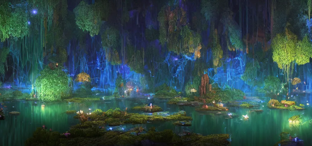 Prompt: beautiful view of inside a nightime magical forest cave, glowing pond with accurate caustics, magical sparkling colored dust, unreal engine, dramatic lighting, ultra detailed, sharp, ambient occlusion, bloom, fireflies, glowing firebugs, global illumination, light rays, raytracing, vibrant, vivid colors, 3 d artstation render, by noah bradley and jordan grimmer