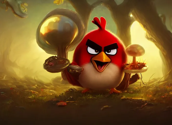 Image similar to angry bird sitting eating magic mushroom, golden hour, fantasy, sharp focus, digital art, hyper realistic, 4 k, unreal engine, highly detailed, hd, dramatic lighting by brom, trending on artstation