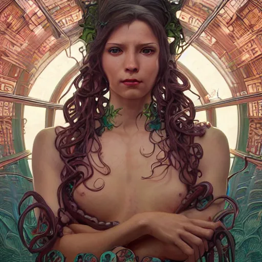 Image similar to portrait painting of octowoman, half man, half octopus, ultra realistic, concept art, intricate details, extremely detailed, photorealistic, octane render, 8 k, unreal engine. art by artgerm and dan mumford and alphonse mucha and studio ghibli