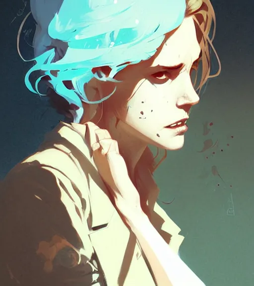 Image similar to portrait of a female john constantine by atey ghailan, by greg rutkowski, by greg tocchini, by james gilleard, by joe fenton, by kaethe butcher, dynamic lighting, gradient light blue, brown, blonde cream and white color scheme, grunge aesthetic