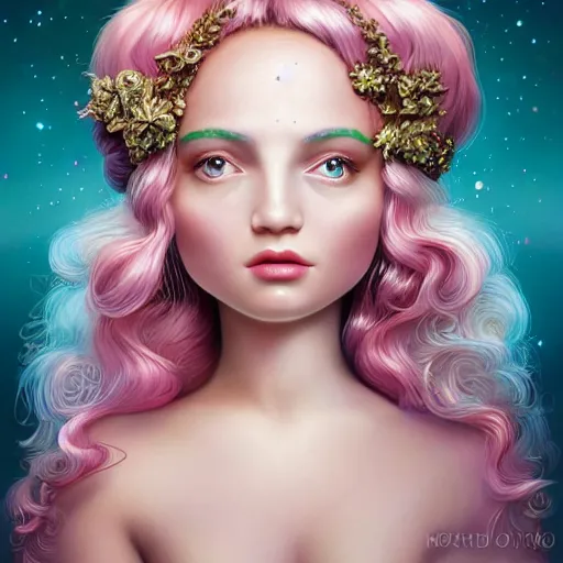 Image similar to a portrait a divine feminine goddess, rosey cheeks, sparkles on eyelids, long pink hair highly detailed, ultra realistic digital painting, rococo, artstation, concept art, pop, smooth, sharp focus, illustration, art by mark ryden and lisa frank 3 d 8 k ultra detailed