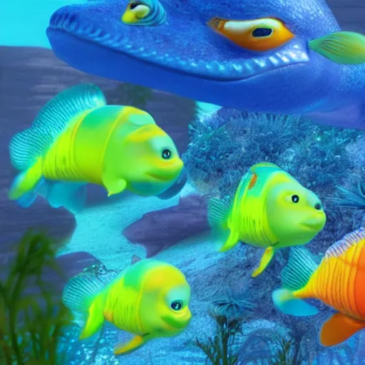 Image similar to smiling baby fish aquatic dinosaurs with glowing blue bio - phosphorescent lines throughout skin texture. rendered by pixar