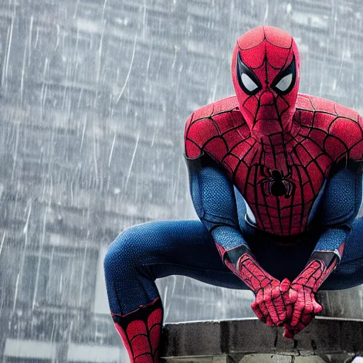 Image similar to spider - man perched next to batman on top of a building with rain pouring down