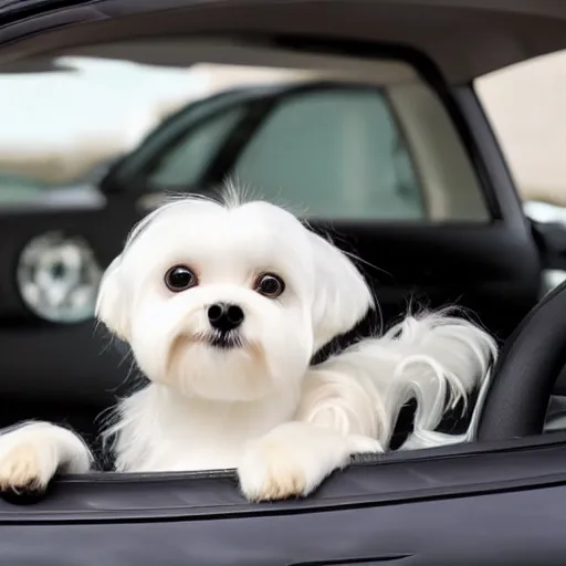 Prompt: A maltese dog driving a car