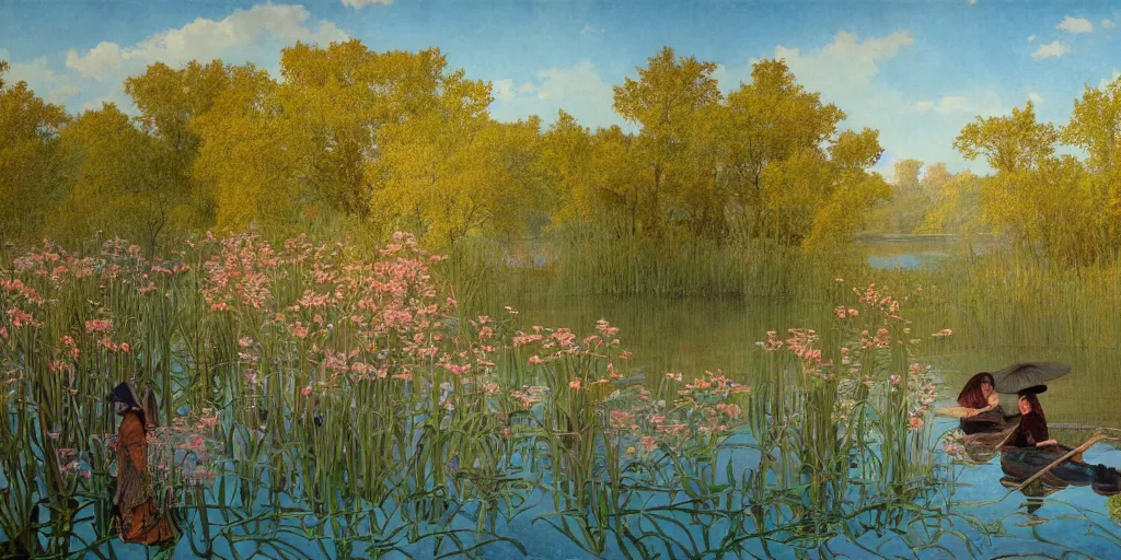 Prompt: a beautiful lake landscape in spring, romantic ambiente, reed on riverbank, no mountains, clear sky, sunshine, colorful, by Mohrbacher and Moebius and Alphonse Mucha and Roger Deakins, cinematic lighting, masterpiece, highly detailed, 8k resolution, trending on art station