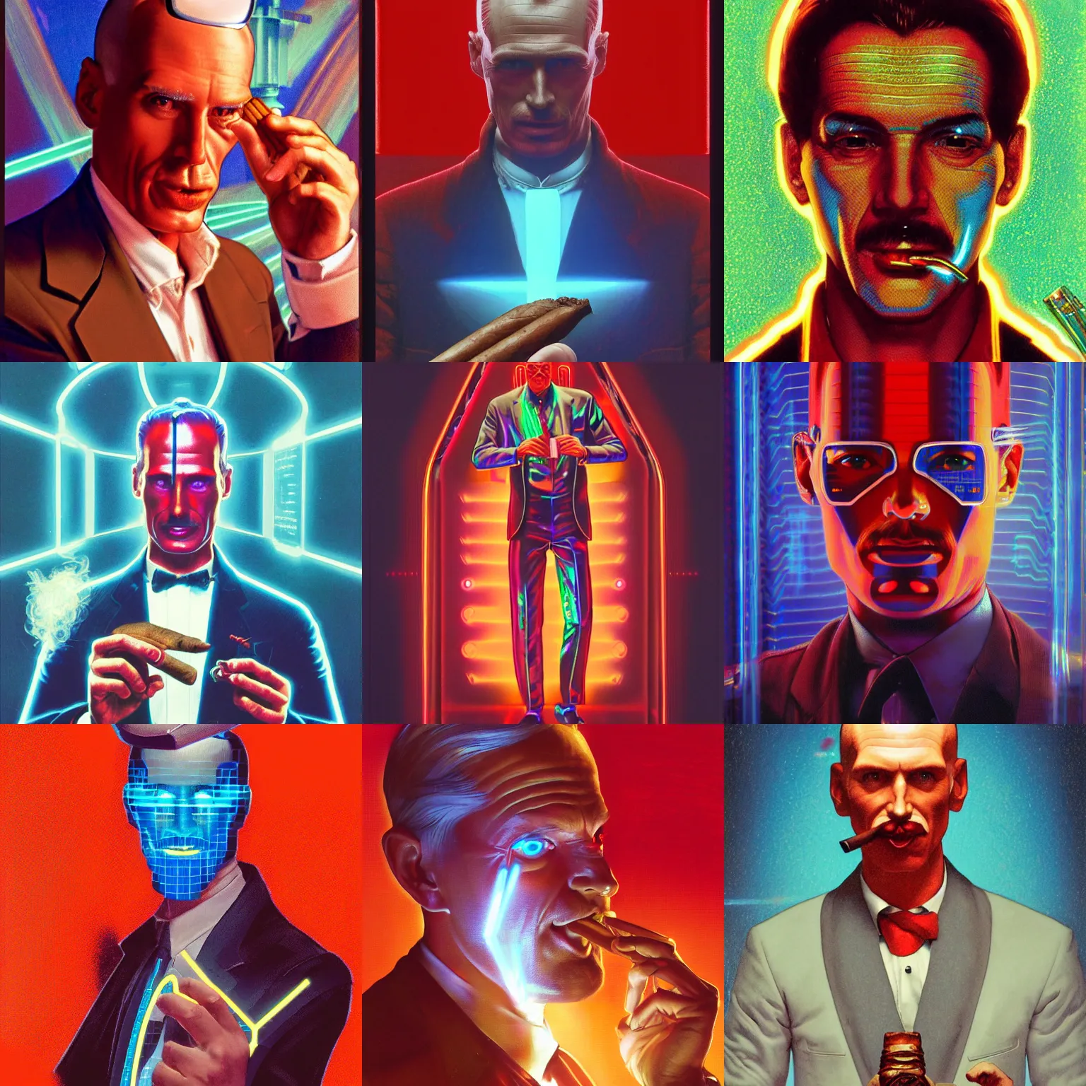 Prompt: A holographic portrait of a bad guy , older male , smoking a cigar , tron , inside the machine , red , max headroom ,by Stanley Artgerm Lau, Greg Rutkowski, Thomas Kinade ,Alphonse Mucha, Loish, Norman Rockwell ,trending on artstation , rule of thirds, golden ratio ,HD 4k