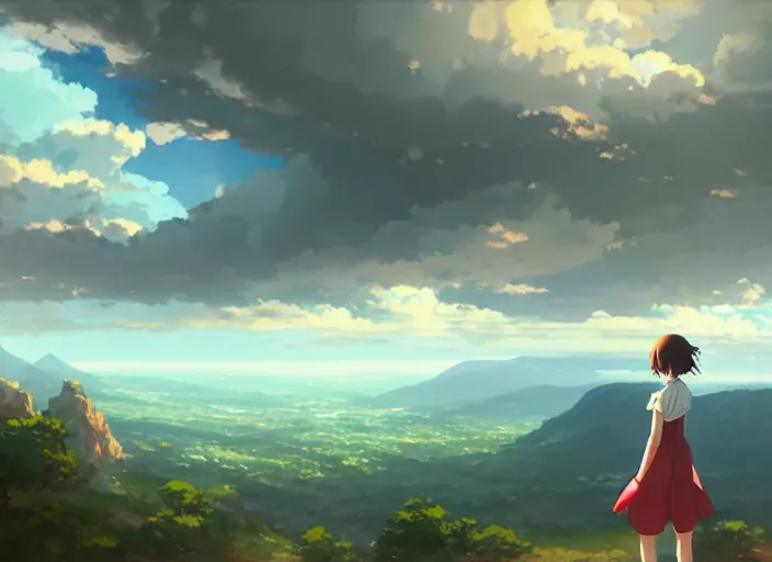 Prompt: a girl standing in a dress looking out a window at mountains, large storm clouds on the horizon, landscape, by makoto shinkai an krenz cushart